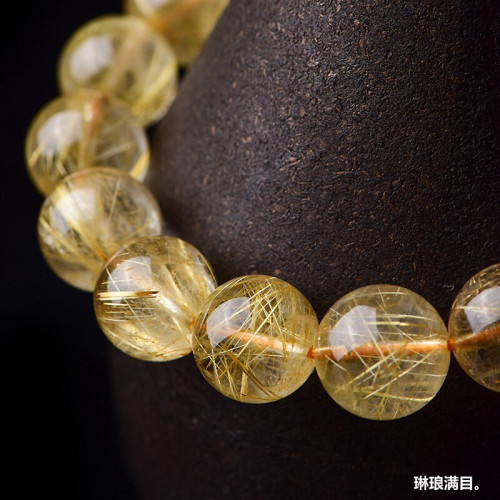 天然金髮晶手串男順髮黃水晶散珠飾品黃髮晶金鈦晶水晶彿珠手鏈女