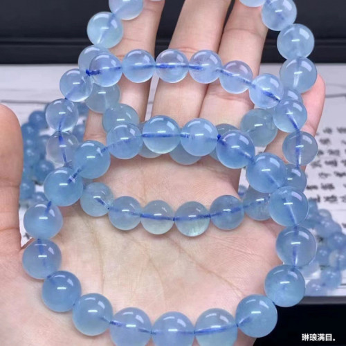 天然巴西海藍寶手鏈男女款單圈海藍寶手串搭配小配飾晶體通透