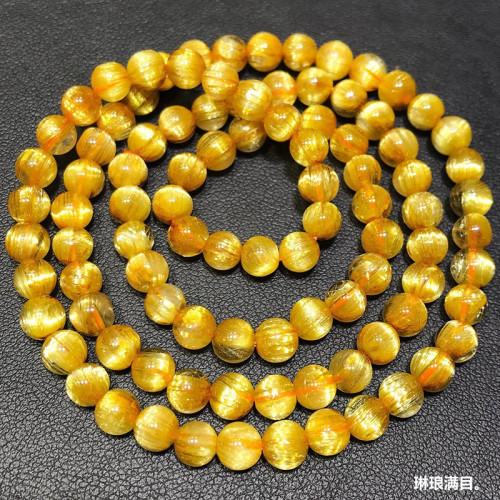 天然鈦晶多圈手鏈板鈦金髮晶黃水晶順髮貓眼石男女108顆彿珠手串