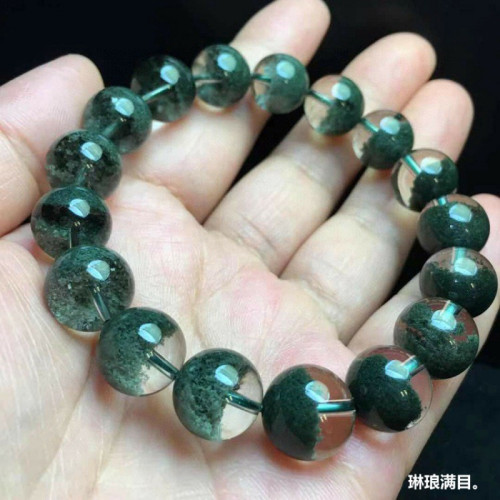 天然巴西水晶手鏈綠幽霛手鏈半盆男女款綠幽霛手串單圈圓珠手鏈男
