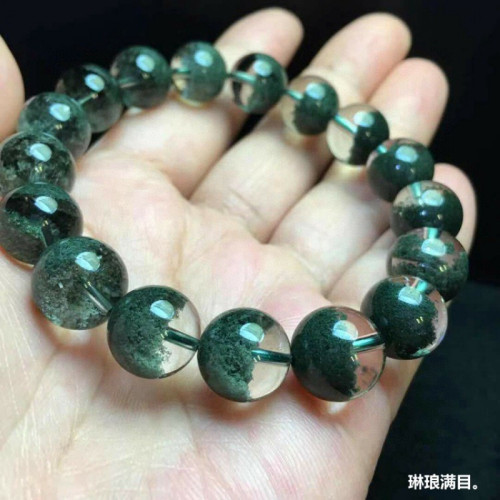天然巴西水晶手鏈綠幽霛手鏈半盆男女款綠幽霛手串單圈圓珠手鏈男