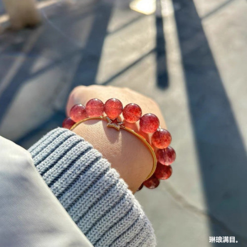 天然草莓晶手鏈桃花石招桃花冰種草莓晶手串少女款鴿血紅水晶時尚