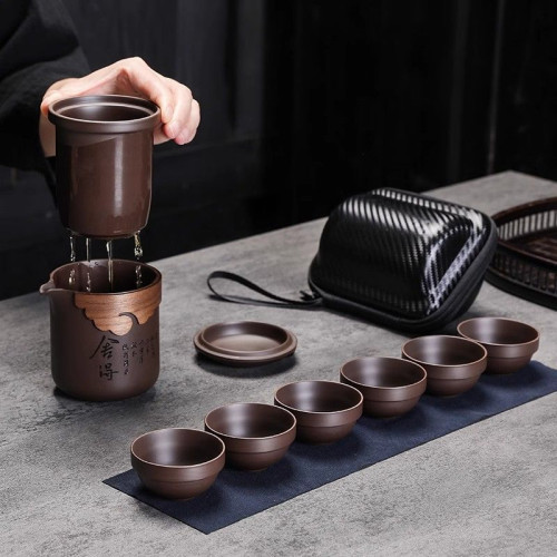 原礦紫砂變色旅行茶具快客可攜式一壺六杯茶水分離整套公道杯戶外